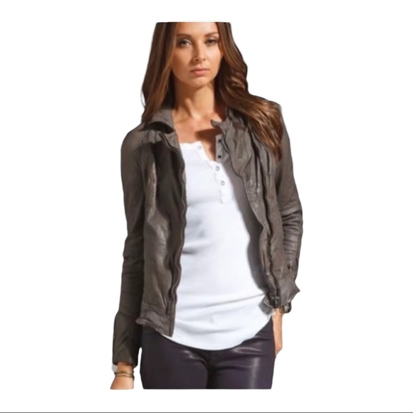 Muubaa Size 4 Storm Grey 100% Goatskin Leather Moto Zip Up Jacket